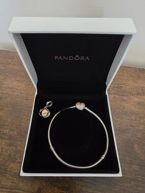 Pandora Silver Bracelet with Rose Gold Pave Heart Clasp & Charm